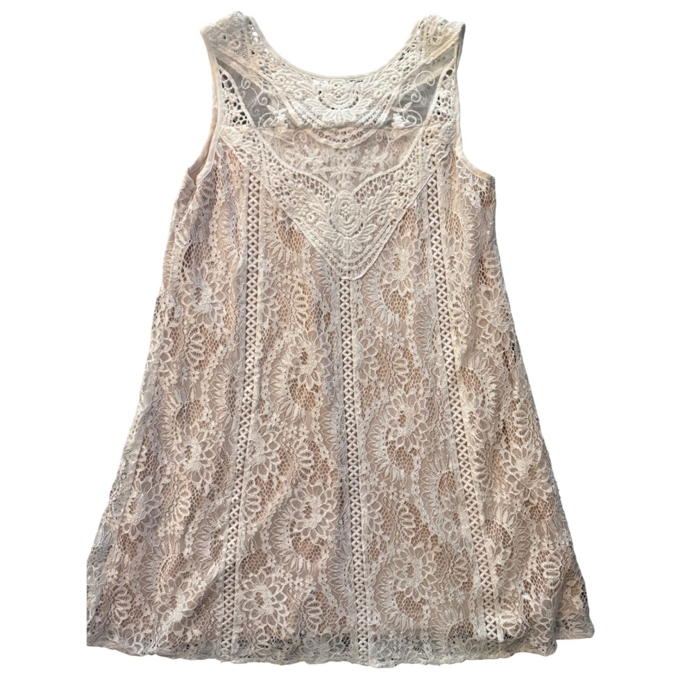 White Floral Lace Sleeveless Shift Mini Dress Crochet Yoke Boho Bridal Cream - Picture 2 of 5
